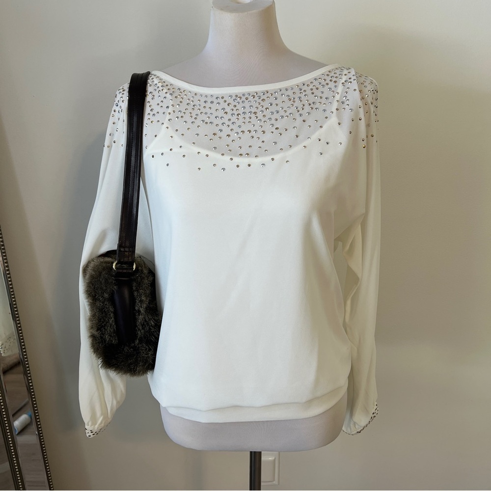 NWT Cache Ivory Rhinestone Blouse Sheer Sleeve Party Top Size M white embellish